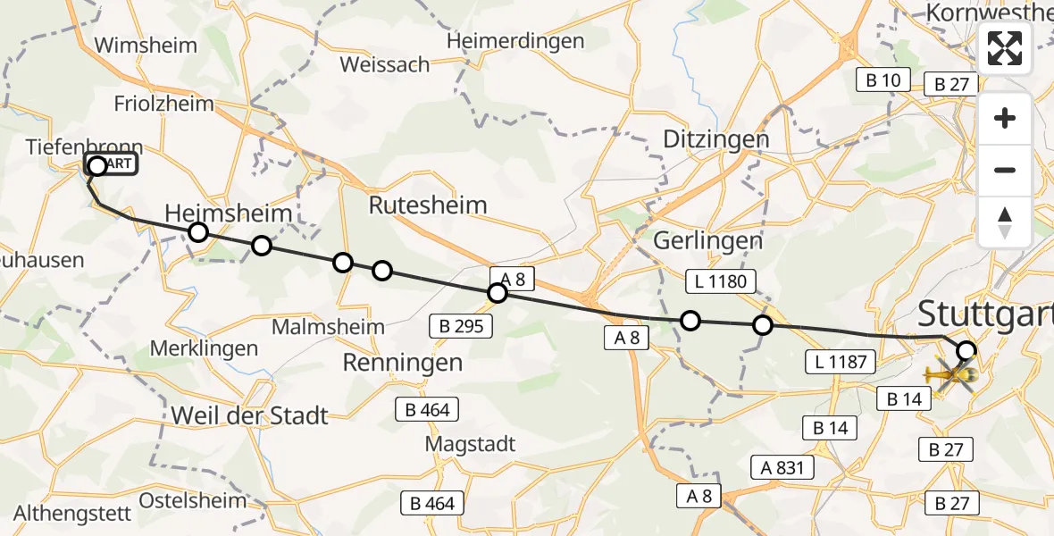 Flugroute Rettungshubschrauber Tiefenbronn - Stuttgart-Süd, 16 März 2026, 11:08