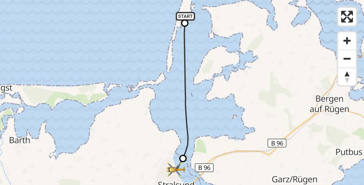 Flugroute Rettungshubschrauber Seebad Insel Hiddensee - Stralsund, 16 März 2026, 11:10