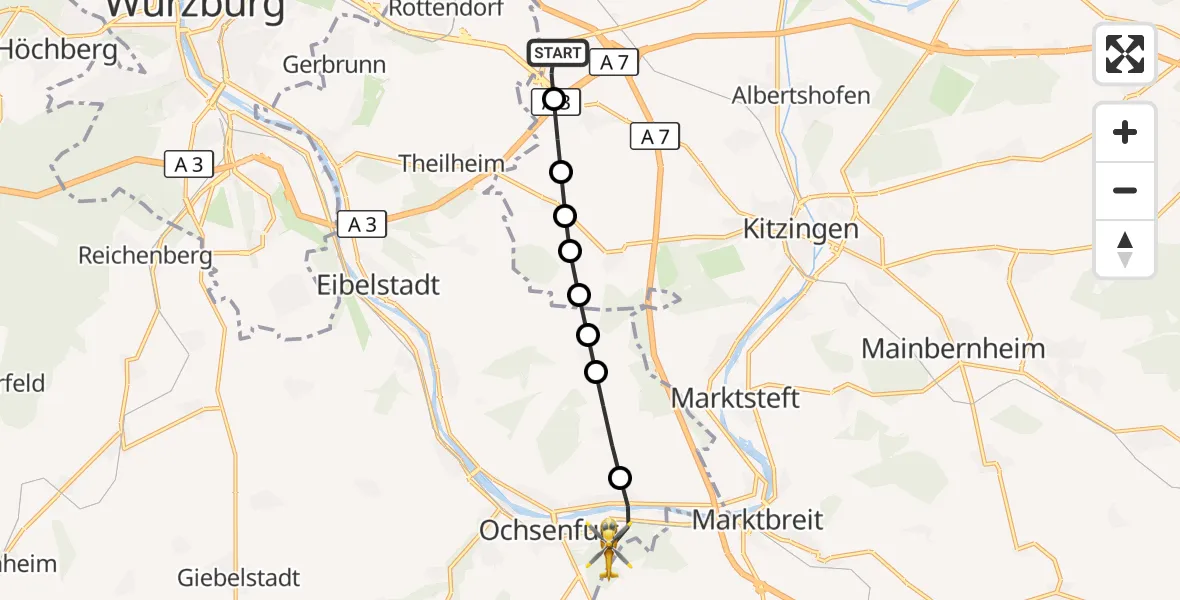 Flugroute Rettungshubschrauber Dettelbach - Ochsenfurt Hospital, 16 März 2026, 11:11