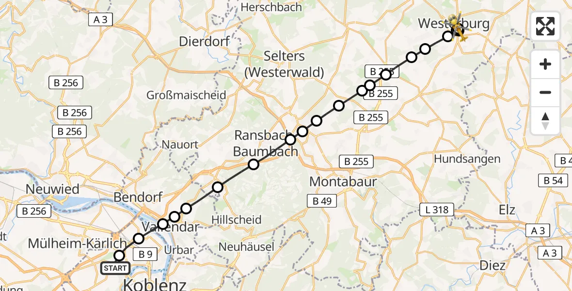 Flugroute Rettungshubschrauber Koblenz - Wengenroth, 16 März 2026, 11:17