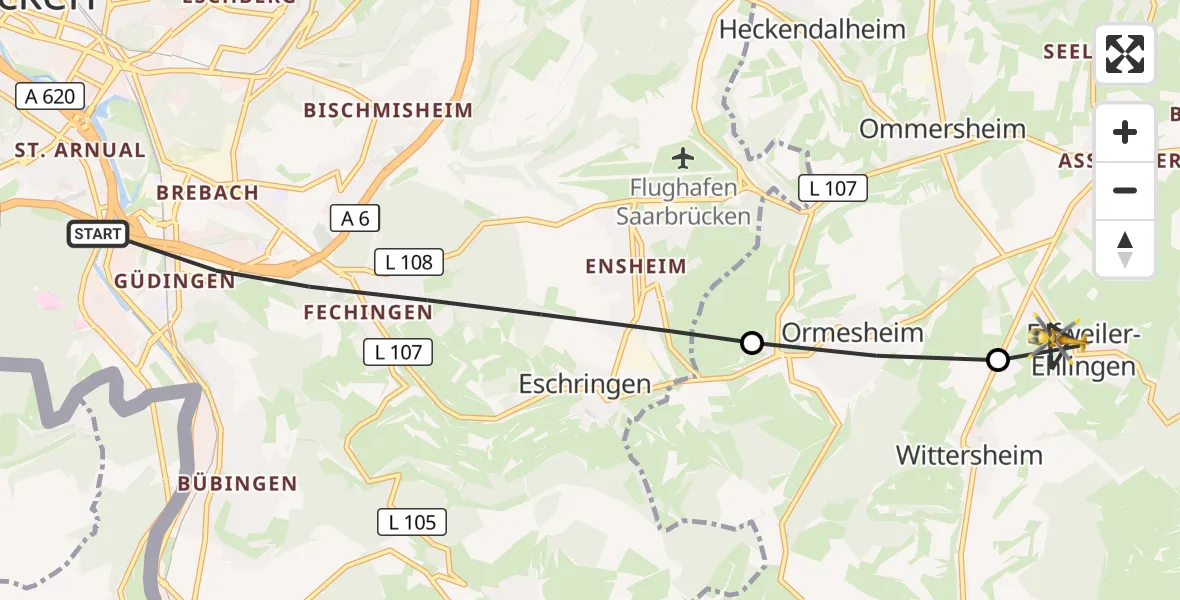 Flugroute Rettungshubschrauber Saarbrücken - Erfweiler-Ehlingen, 16 März 2026, 11:19