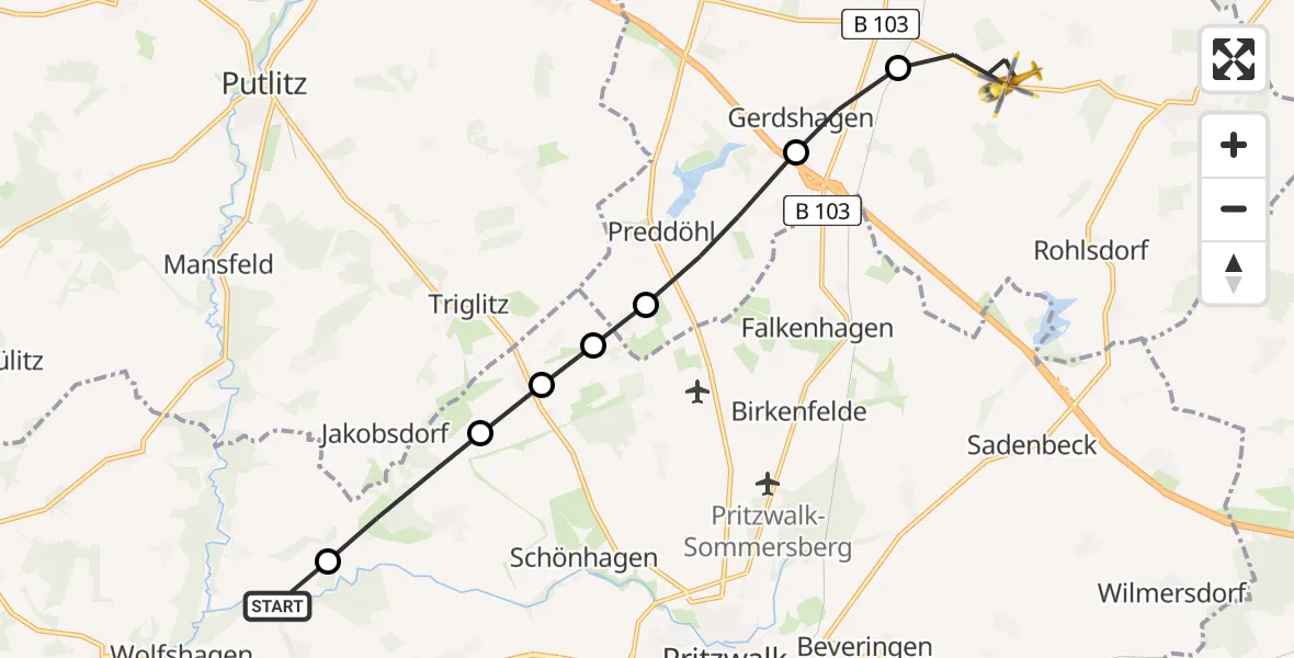 Flugroute Rettungshubschrauber Wolfshagen - Halenbeck-Rohlsdorf, 16 März 2026, 11:21
