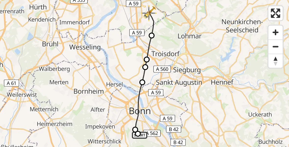 Flugroute Ambulanzhubschrauber Bonn University Hospital - Cologne Bonn Airport, 16 März 2026, 11:21