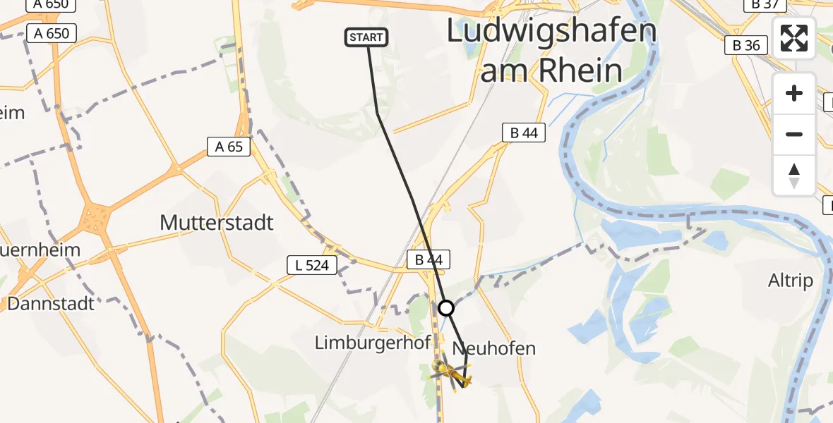 Flugroute Rettungshubschrauber Ludwigshafen am Rhein - Neuhofen, 16 März 2026, 11:25