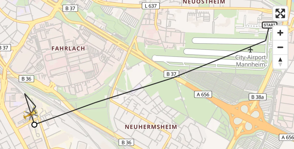 Flugroute Rettungshubschrauber Mannheim-City Airport - Mannheim, 16 März 2026, 11:28