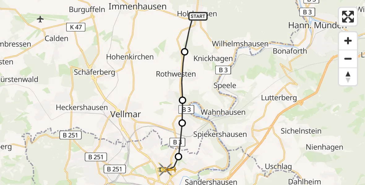 Flugroute Rettungshubschrauber Holzhausen - Kassel, 16 März 2026, 11:29