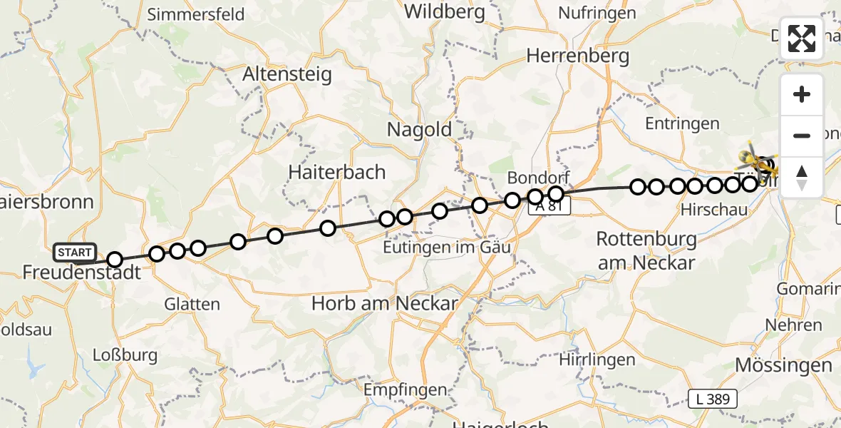 Flugroute Rettungshubschrauber Freudenstadt - Tübingen University Hospital, 16 März 2026, 11:32
