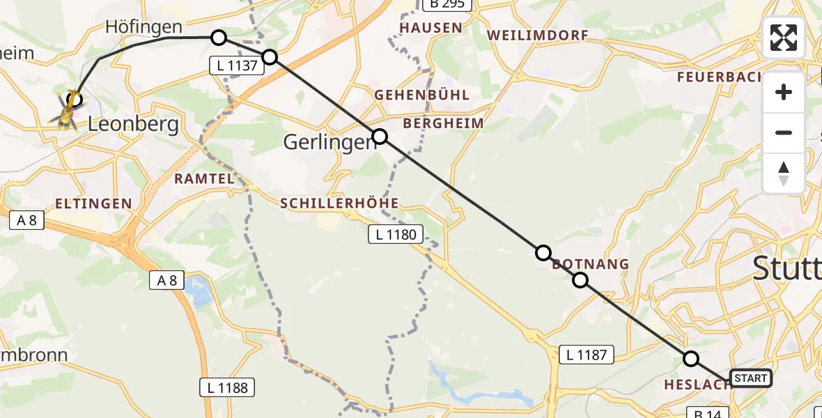 Flugroute Rettungshubschrauber Stuttgart-Süd - Leonberg Hospital, 16 März 2026, 11:33