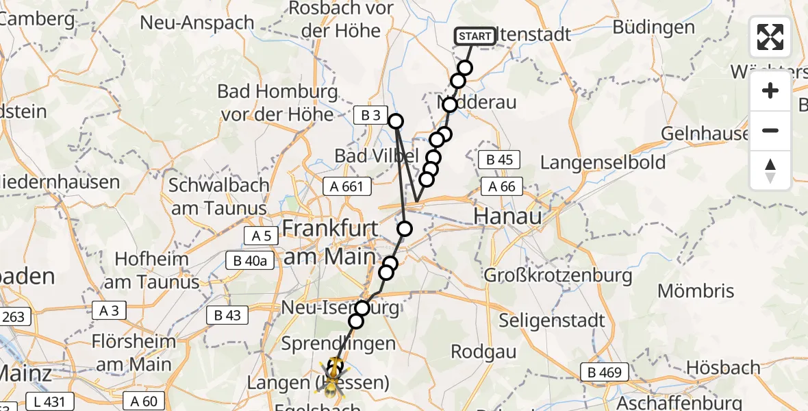 Flugroute Ambulanzhubschrauber Bönstadt - Asklepios Clinic Langen, 16 März 2026, 11:40