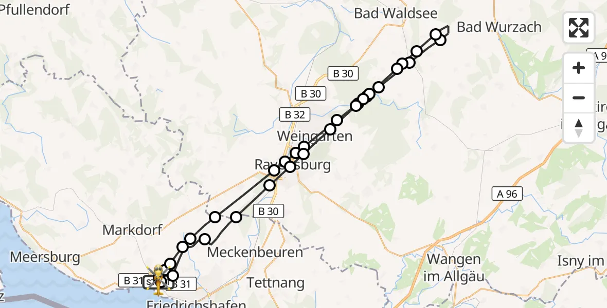 Flugroute Rettungshubschrauber Friedrichshafen Hospital - Friedrichshafen Hospital, 16 März 2026, 11:43
