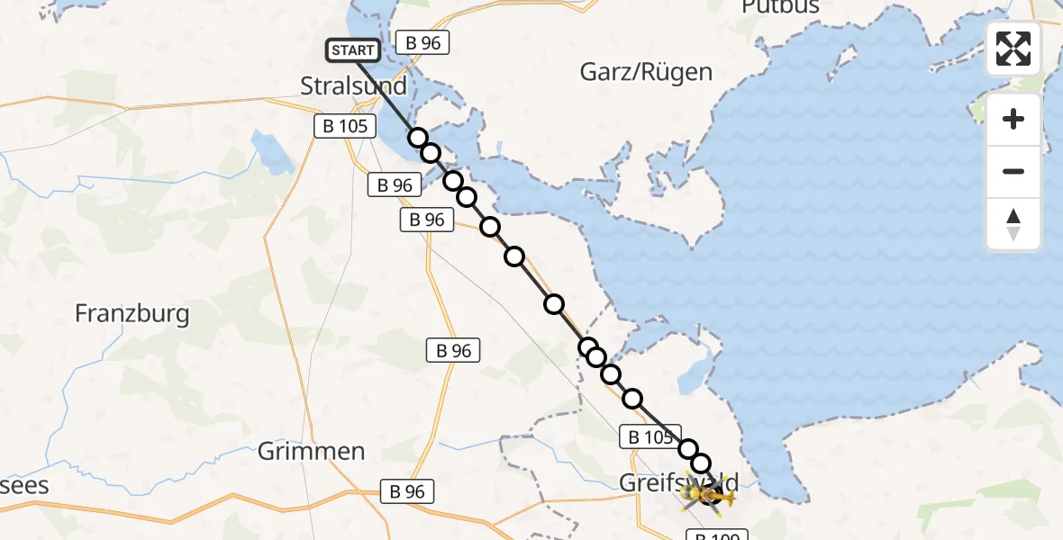 Flugroute Rettungshubschrauber Stralsund - Greifswald Hospital, 16 März 2026, 11:43
