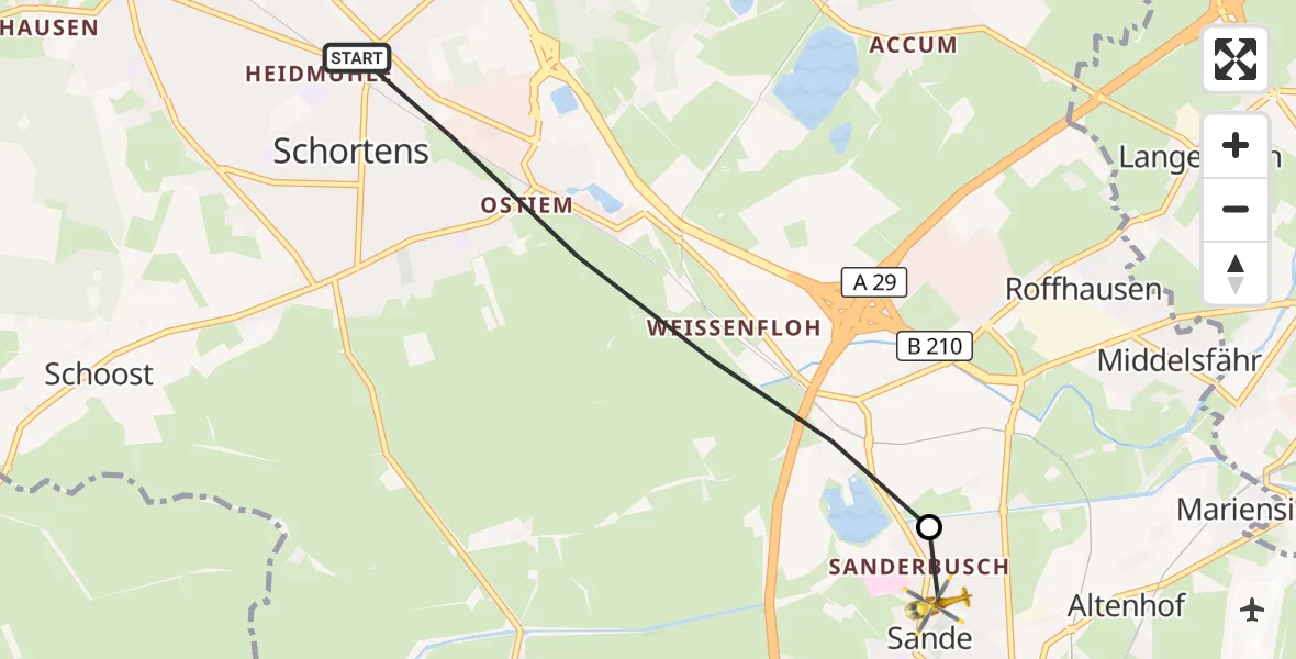 Flugroute Rettungshubschrauber Schortens - Altenhof, 16 März 2026, 11:45