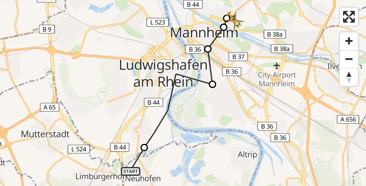 Flugroute Rettungshubschrauber Neuhofen - Neckarstadt-Ost/Wohlgelegen, 16 März 2026, 11:49