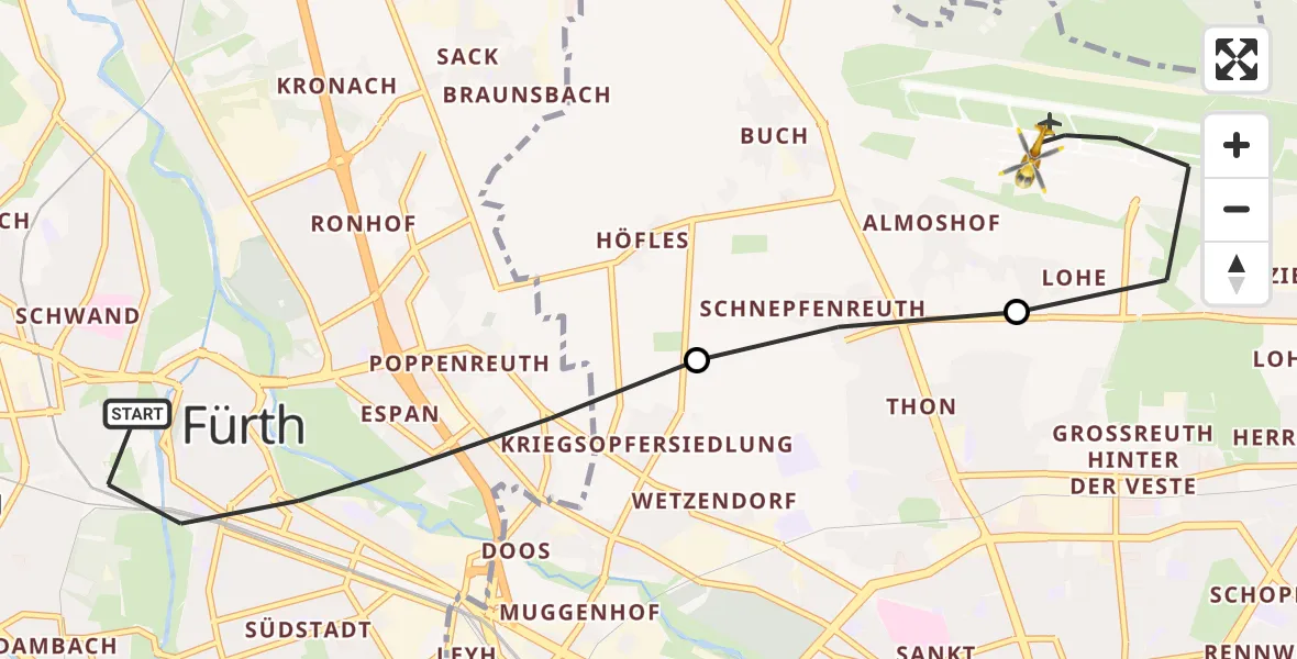 Flugroute Rettungshubschrauber Fürth - Nuremberg Airport, 16 März 2026, 11:54