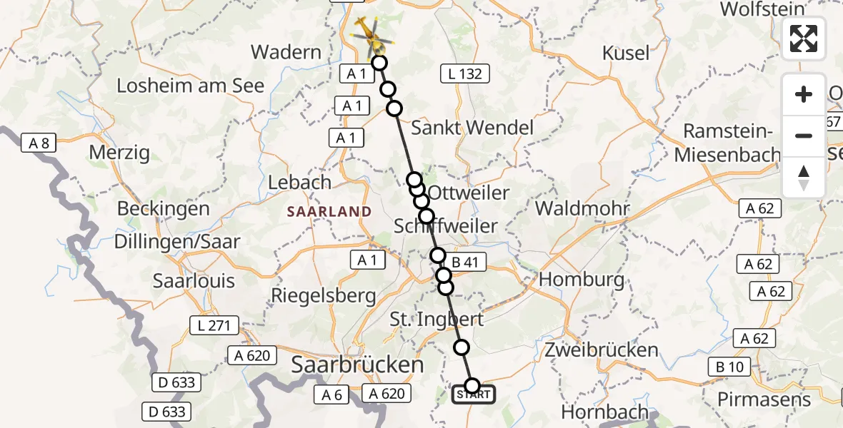 Flugroute Rettungshubschrauber Erfweiler-Ehlingen - Nohfelden, 16 März 2026, 11:54