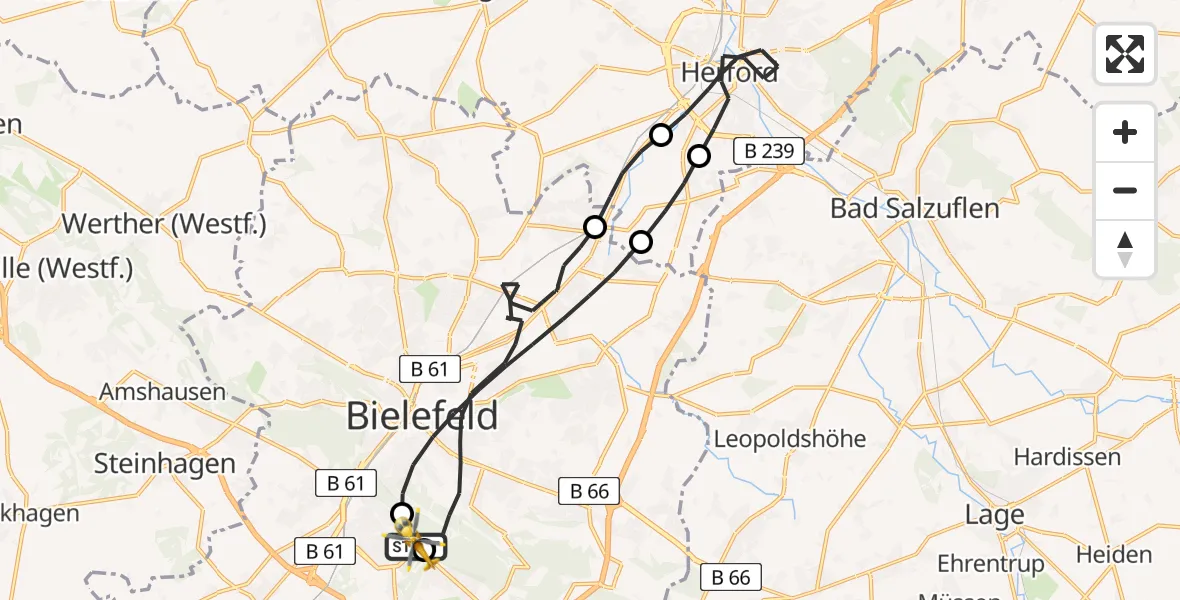 Flugroute Rettungshubschrauber Luftrettungszentrum Bielefeld - Luftrettungszentrum Bielefeld, 16 März 2026, 11:58