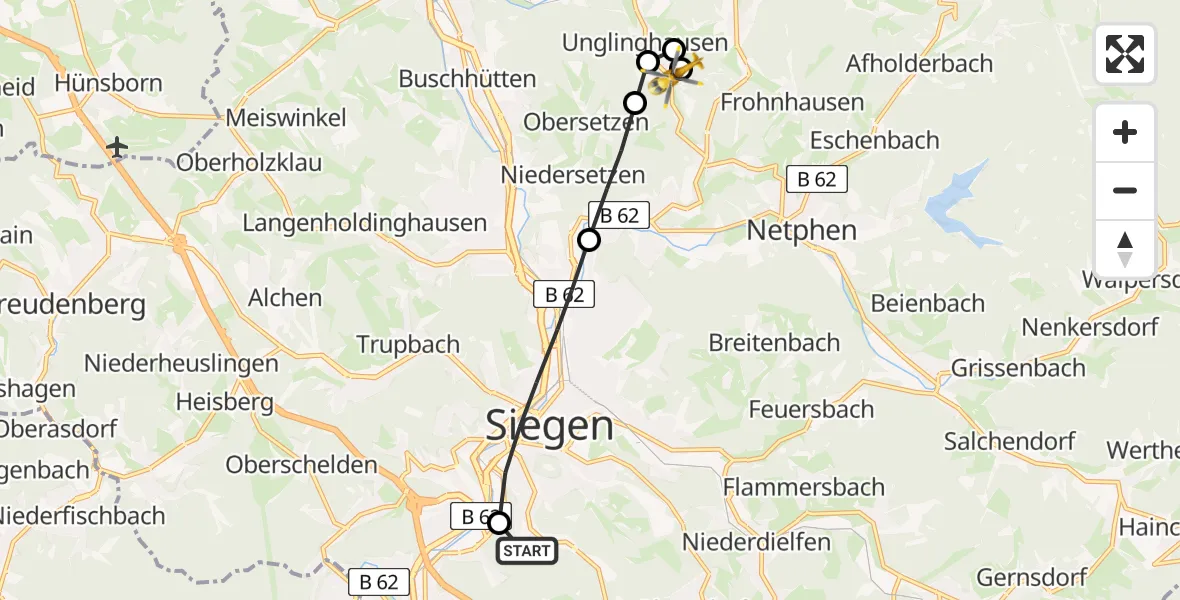 Flugroute Rettungshubschrauber Evangelisches Jung-Stilling Hospital - Unglinghausen, 16 März 2026, 12:10