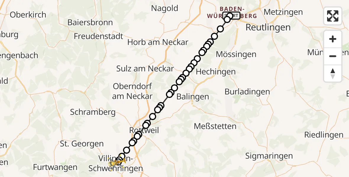 Flugroute Rettungshubschrauber Tübingen University Hospital - DRF Air Rescue Station Villingen-Schwenningen Heliport (Christoph 11), 16 März 2026, 12:15