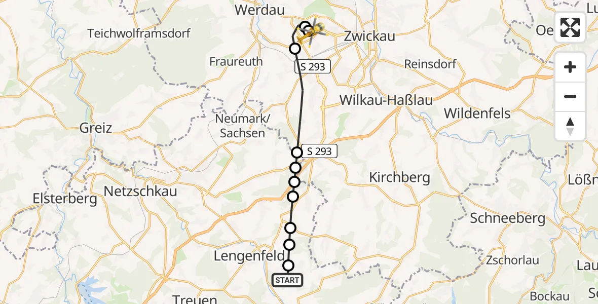 Routekaart van de vlucht: Rettungshubschrauber nach ADAC Air Rescue Station Zwickau Heliport