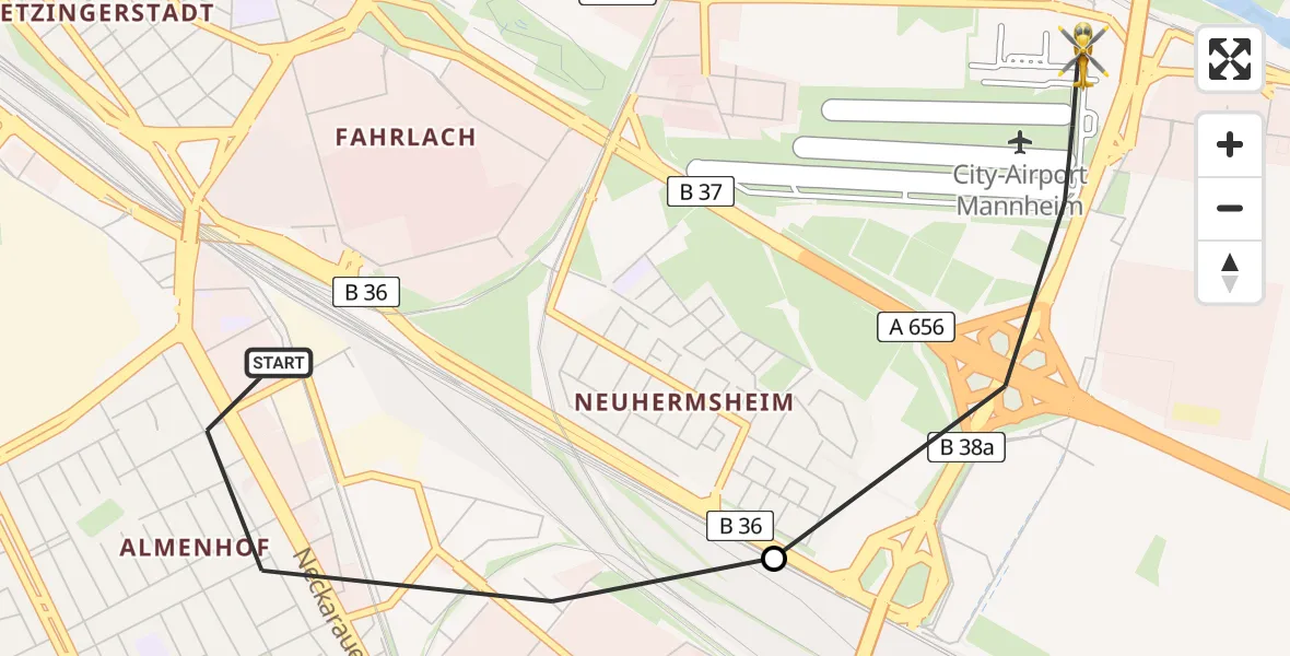 Flugroute Rettungshubschrauber Mannheim - Mannheim-City Airport, 16 März 2026, 12:21
