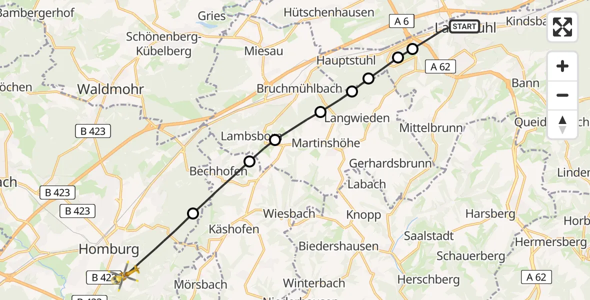 Flugroute Rettungshubschrauber Landstuhl - Homburg, 16 März 2026, 12:26