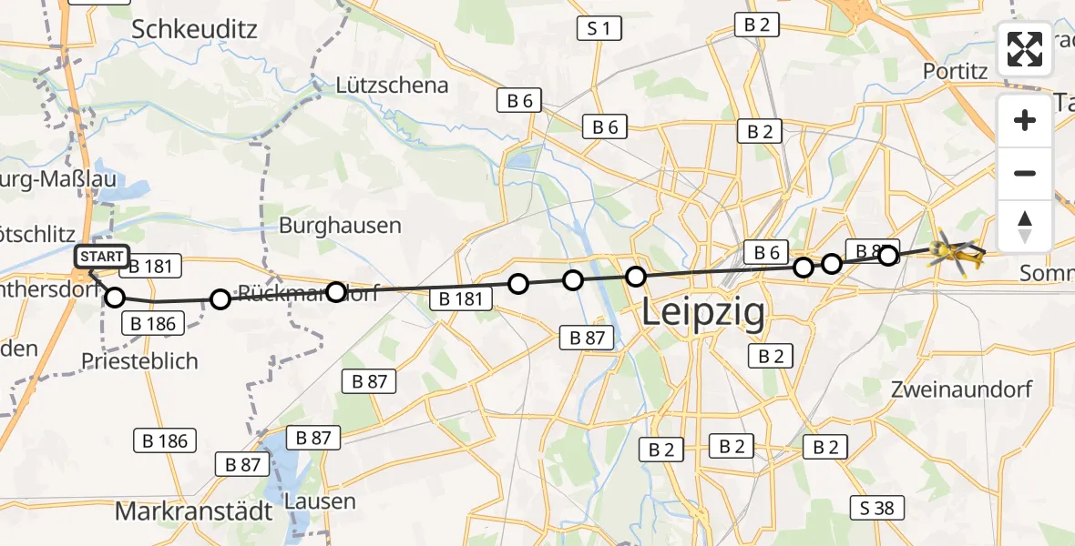 Flugroute Rettungshubschrauber ADAC Air Rescue Station Leipzig/Schkeuditz-Dölzig Heliport (Christoph 61) - Ost, 16 März 2026, 12:27