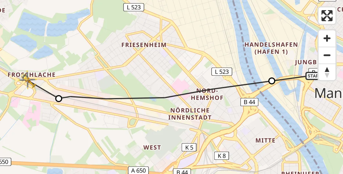 Flugroute Rettungshubschrauber Innenstadt/Jungbusch - Ludwigshafen am Rhein, 16 März 2026, 12:28