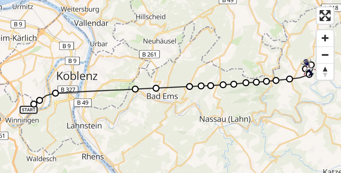 Flugroute Polizeihubschrauber Koblenz-Winningen Airfield - Geilnau, 16 März 2026, 12:30