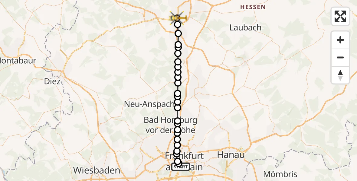 Flugroute Rettungshubschrauber Frankfurt University Hospital - Gießen, 16 März 2026, 12:31
