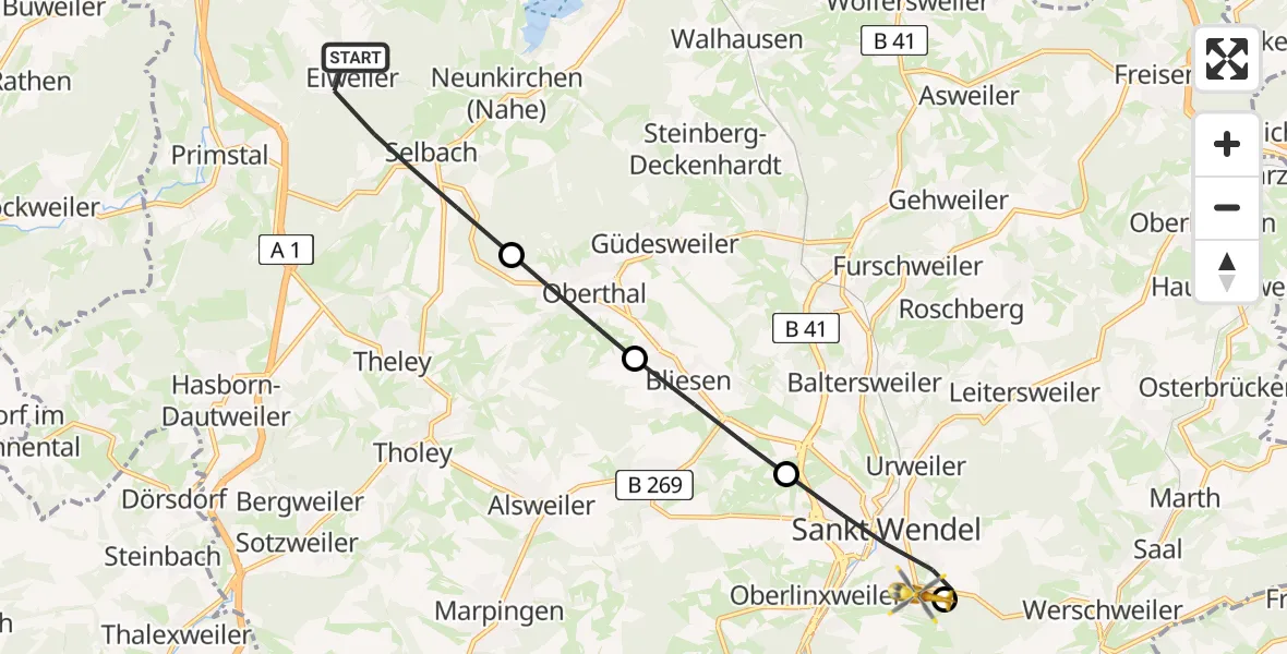 Flugroute Rettungshubschrauber Nohfelden - Marienhaus Hospital Sankt Wendel-Ottweiler, 16 März 2026, 12:34