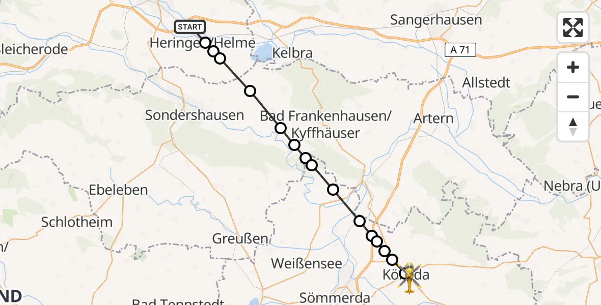 Flugroute Rettungshubschrauber Windehausen - Kölleda, 16 März 2026, 12:38