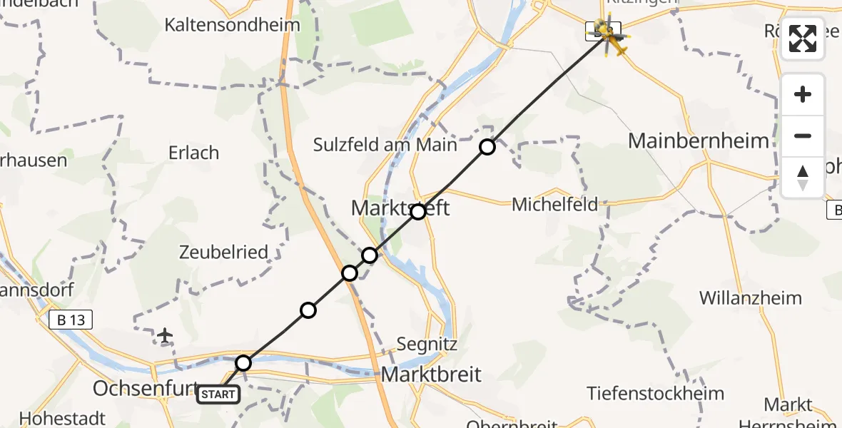 Flugroute Rettungshubschrauber Ochsenfurt Hospital - Kitzingen, 16 März 2026, 12:39