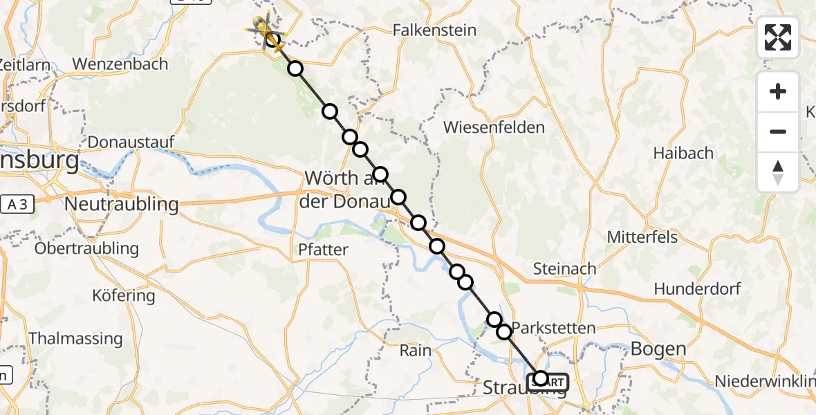 Flugroute Rettungshubschrauber Sankt Elisabeth Hospital Straubing - Siegenstein, 16 März 2026, 12:44