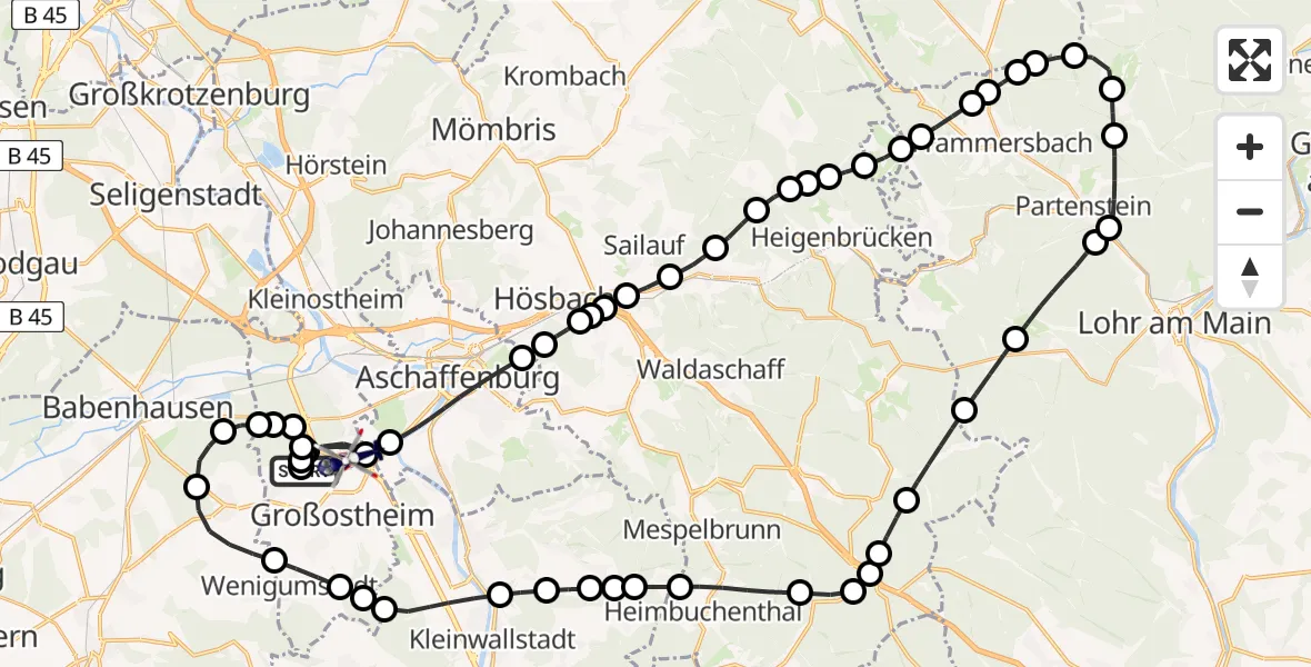 Flugroute Polizeihubschrauber Ringheim - Großostheim, 16 März 2026, 12:46