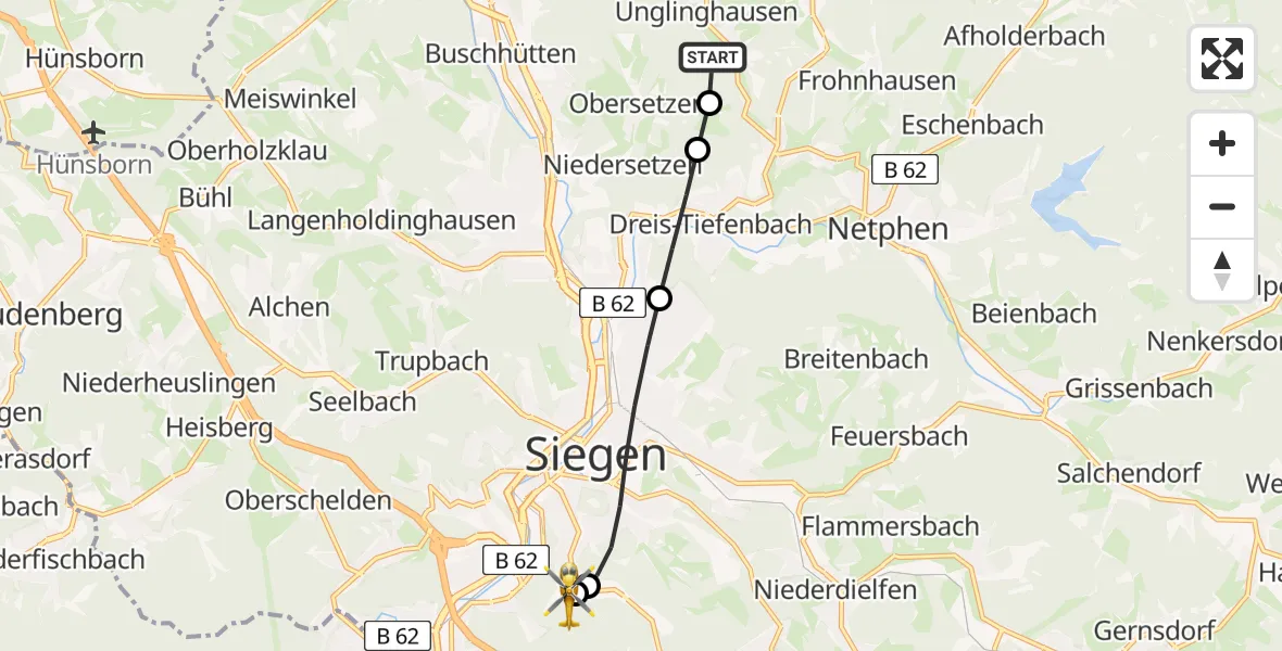 Flugroute Rettungshubschrauber Unglinghausen - Evangelisches Jung-Stilling Hospital, 16 März 2026, 12:52