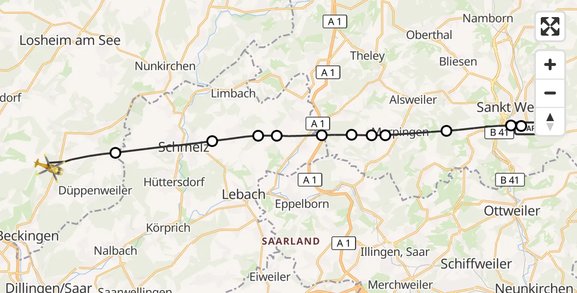 Flugroute Rettungshubschrauber Marienhaus Hospital Sankt Wendel-Ottweiler - Beckingen, 16 März 2026, 12:57