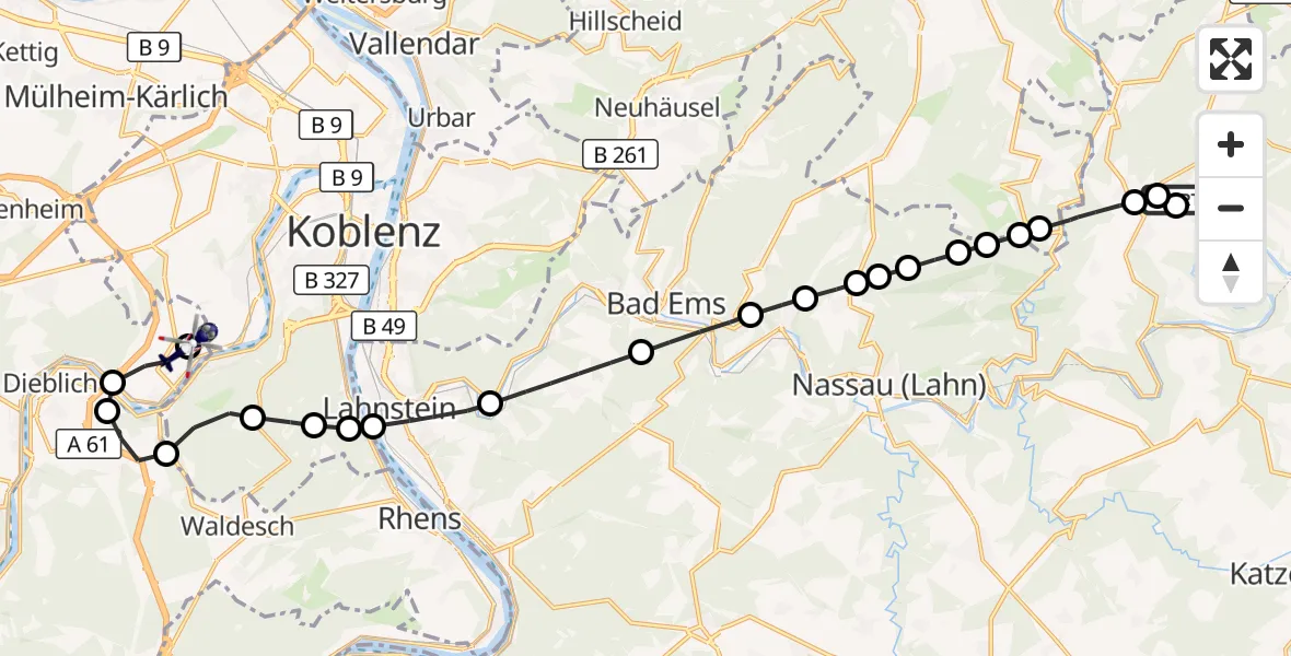Flugroute Polizeihubschrauber Langenscheid - Koblenz-Winningen Airfield, 16 März 2026, 13:06