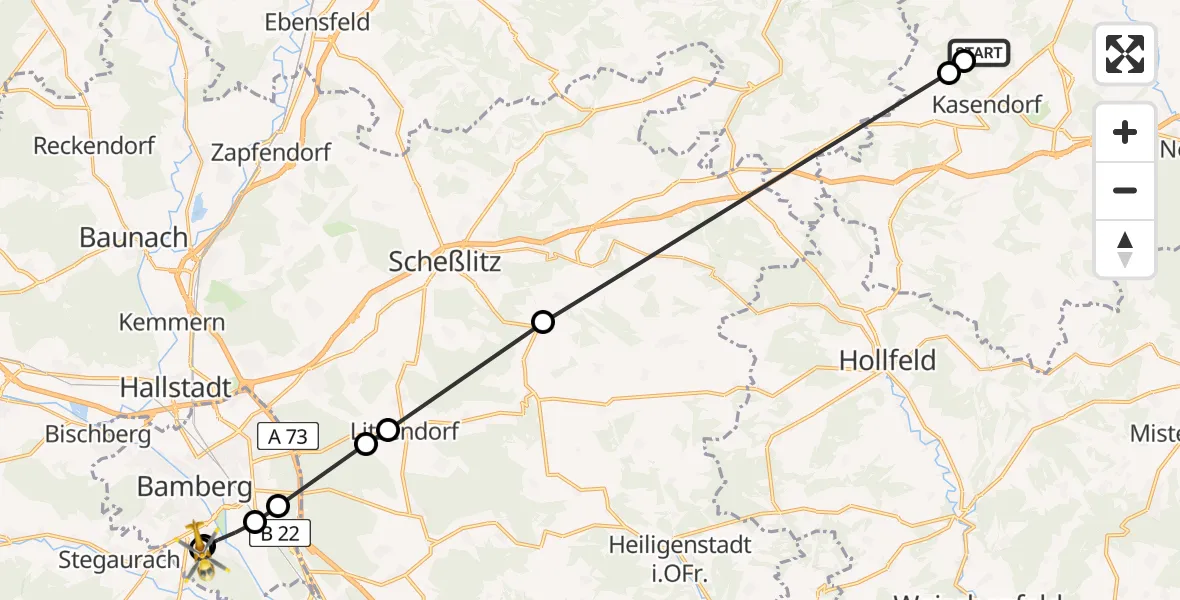 Flugroute Rettungshubschrauber Dörnhof - Bamberg Hospital, 16 März 2026, 13:07