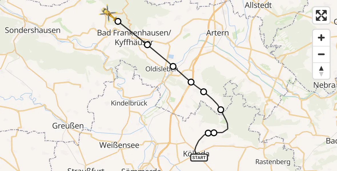 Flugroute Rettungshubschrauber Kölleda - Steinthaleben, 16 März 2026, 13:09