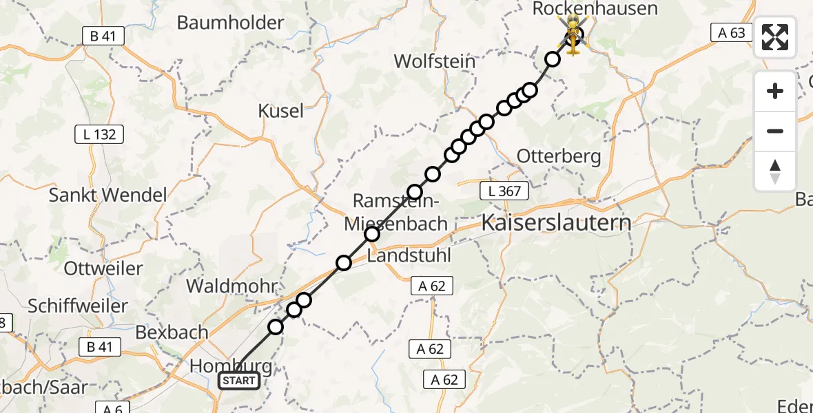 Flugroute Rettungshubschrauber Homburg - Imsweiler UL, 16 März 2026, 13:09
