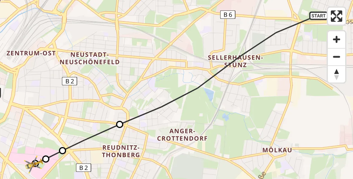 Flugroute Rettungshubschrauber Ost - Leipzig University Hospital Heliport 1, 16 März 2026, 13:12