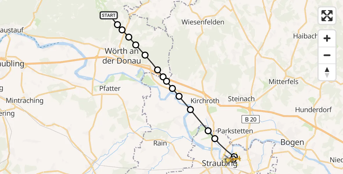 Flugroute Rettungshubschrauber Wiesent - Sankt Elisabeth Hospital Straubing, 16 März 2026, 13:13