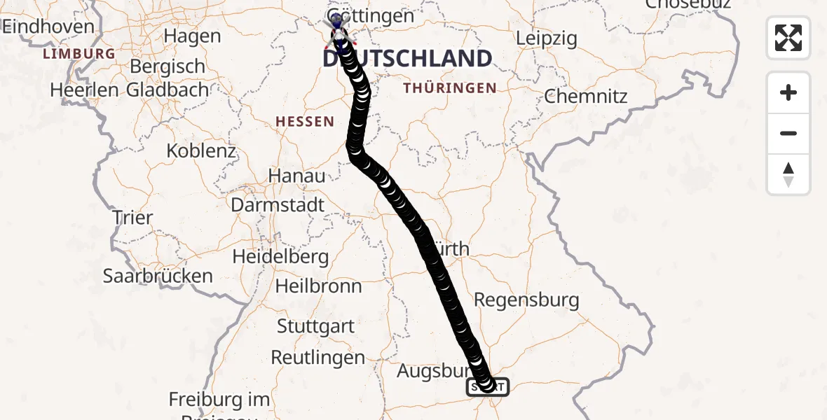 Flugroute Polizeihubschrauber Oberschleißheim - Fuldatal Federal Police Heliport, 16 März 2026, 13:25