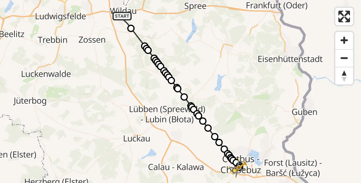 Flugroute Ambulanzhubschrauber Königs Wusterhausen - Carl Thien Hospital Cottbus, 16 März 2026, 13:30