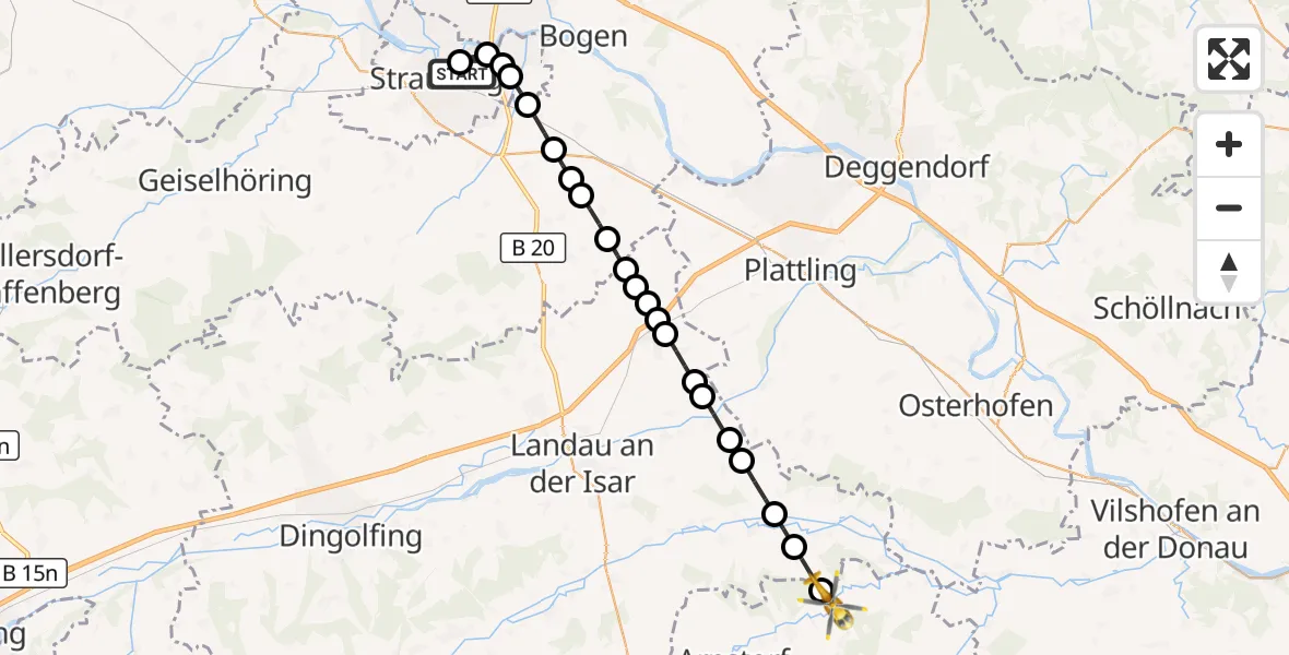 Flugroute Rettungshubschrauber Sankt Elisabeth Hospital Straubing - Münchsdorf, 16 März 2026, 13:33