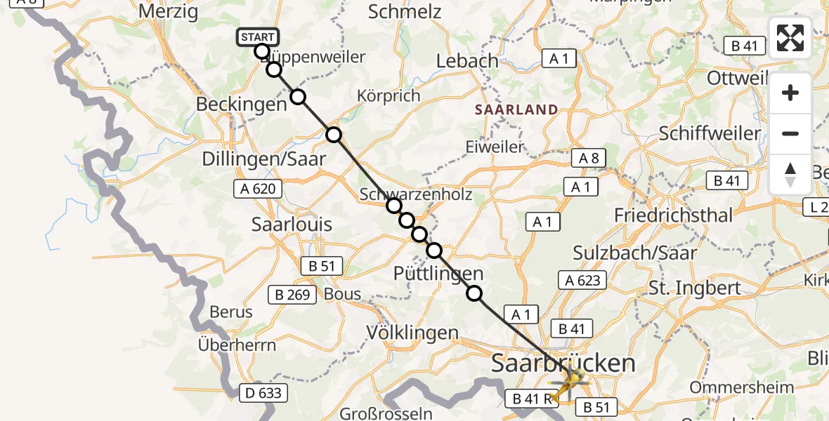 Flugroute Rettungshubschrauber Beckingen - Saarbrücken, 16 März 2026, 13:37