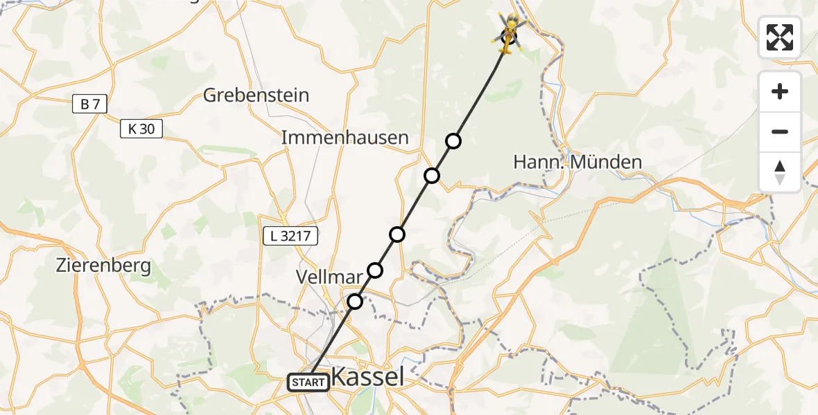 Flugroute Rettungshubschrauber Kassel - Vaake, 16 März 2026, 13:39