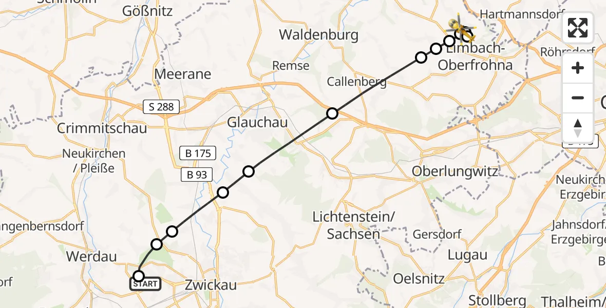 Flugroute Rettungshubschrauber ADAC Air Rescue Station Zwickau Heliport - Niederfrohna, 16 März 2026, 13:47