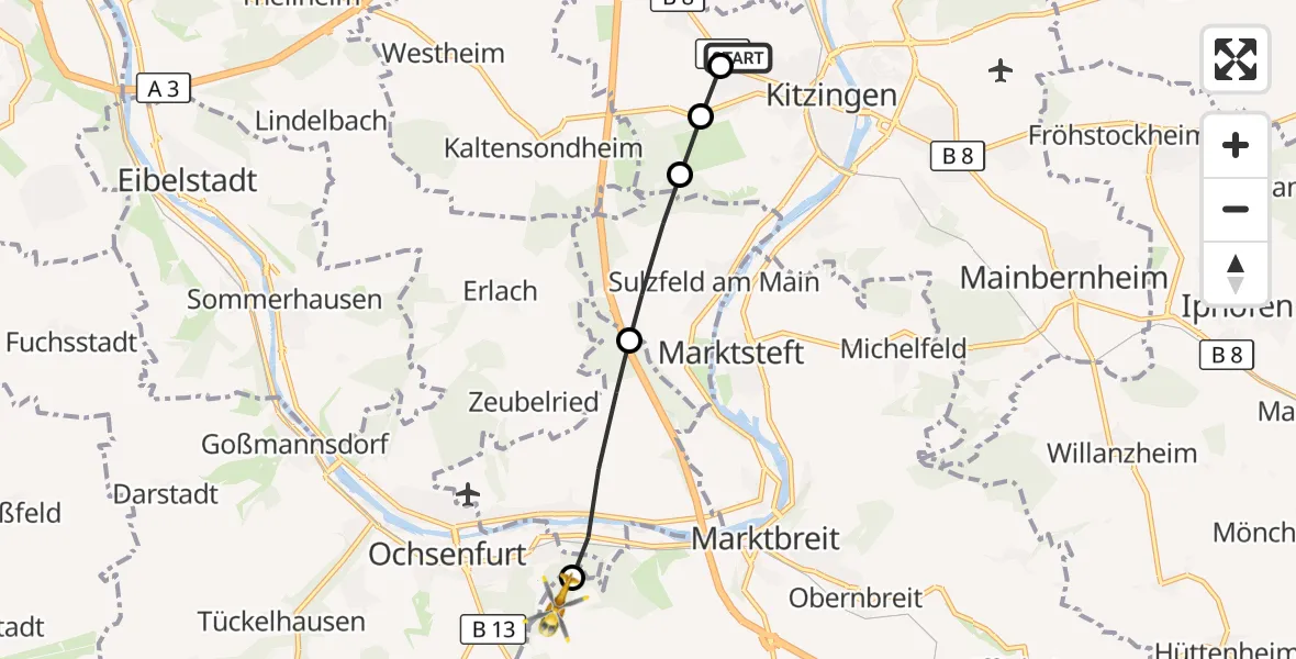 Flugroute Rettungshubschrauber Kitzingen Hospital - Ochsenfurt, 16 März 2026, 13:48