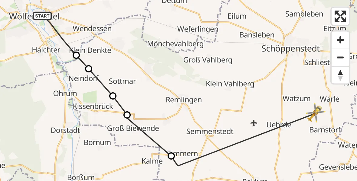 Flugroute Rettungshubschrauber Wolfenbüttel - Watzum, 16 März 2026, 13:50